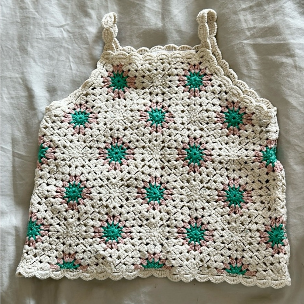 Zara Crochet Top with Green and Pink Accents